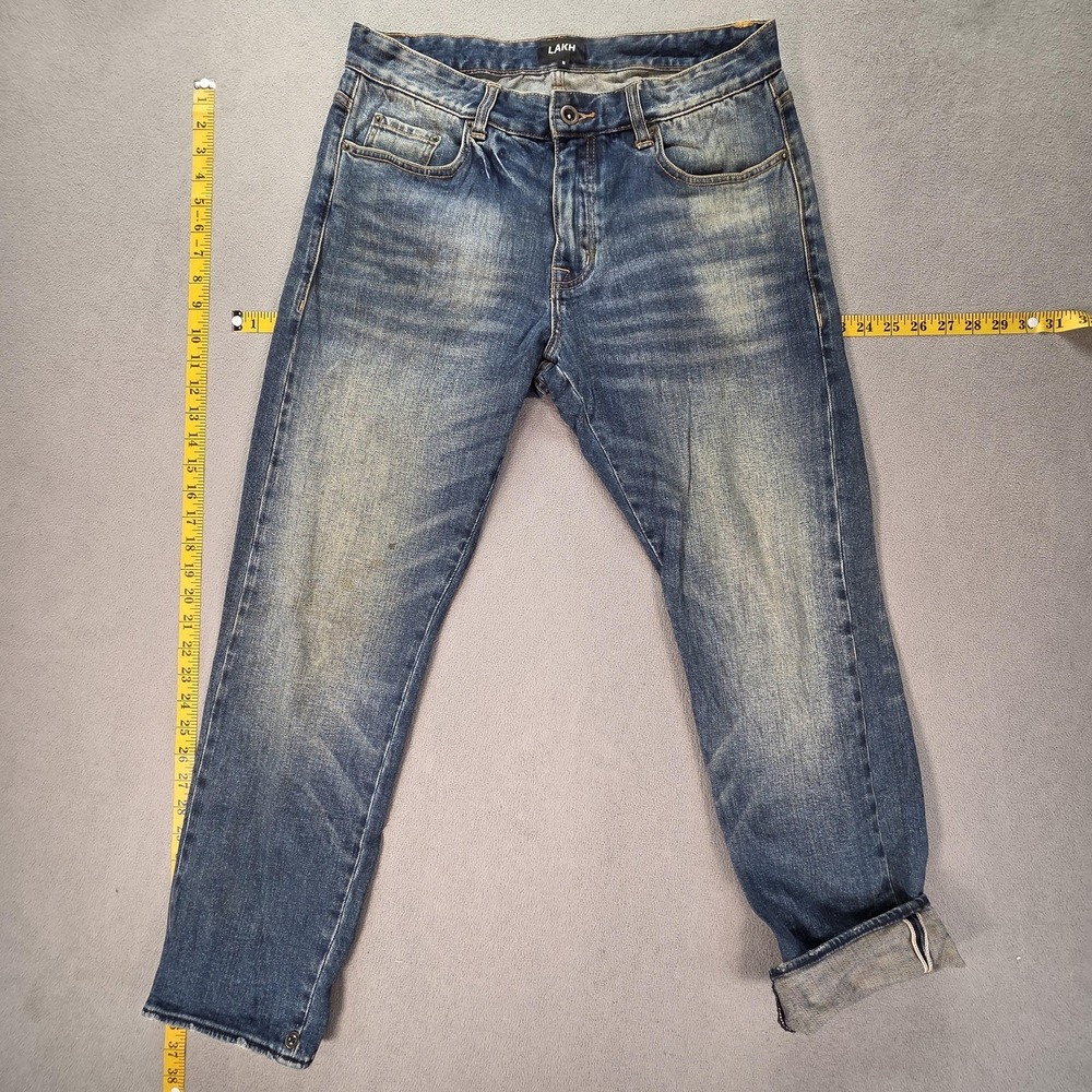 Selvedge Jeans Mens Medium Wash Blue Slim Tapered Whiskers Faded‎ Fits 30x27